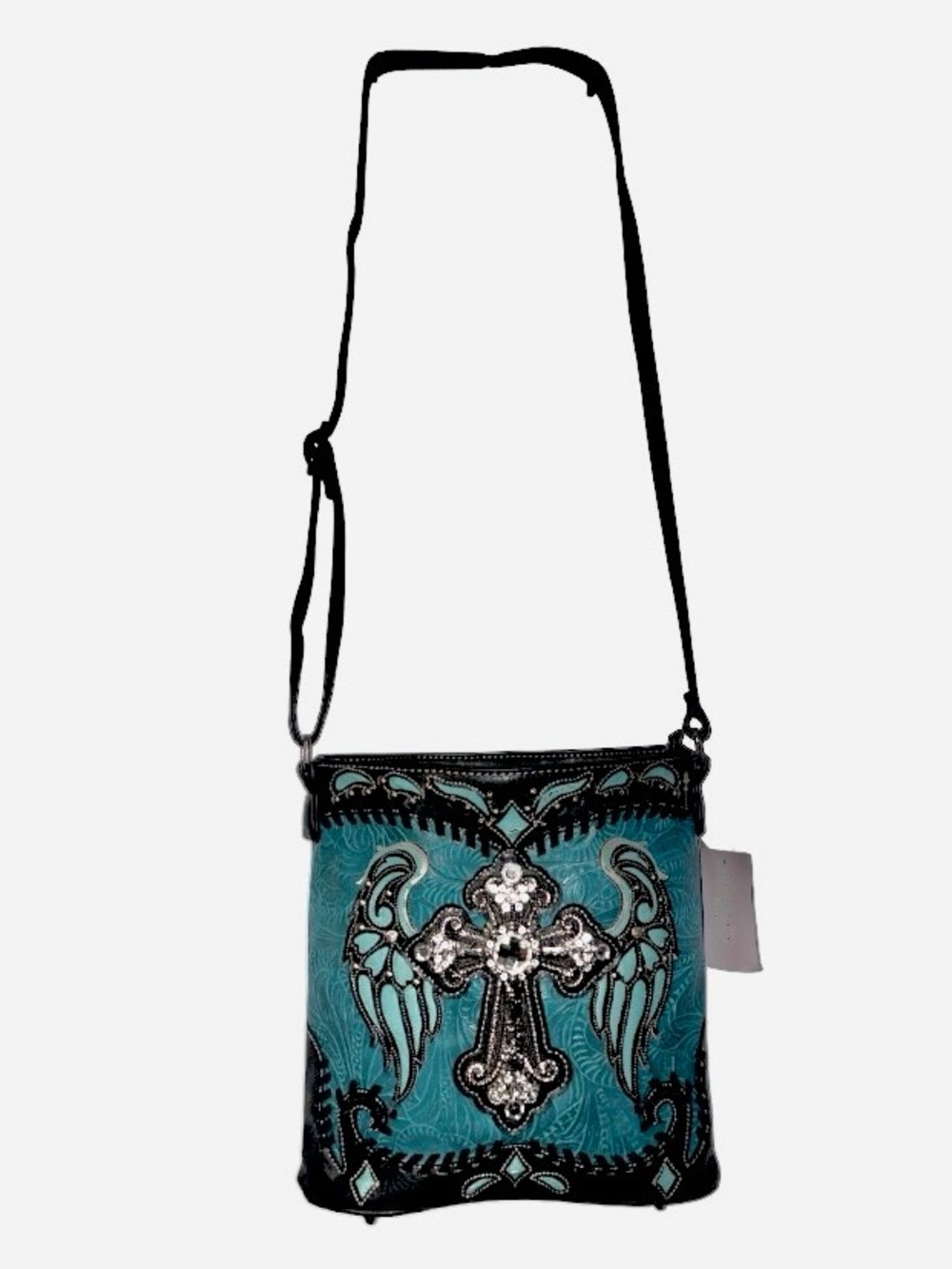 Cowgirl Trendy C&C Teal & Tooled Embellished Crossbody Bag W/ Winged Cross NEW!